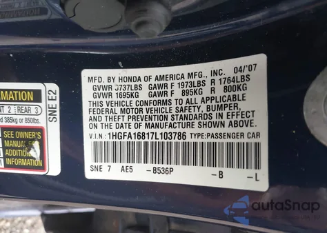 2007 Honda Civic Ex z USA, uszkodzony, nr VIN 1HGFA16817L103786